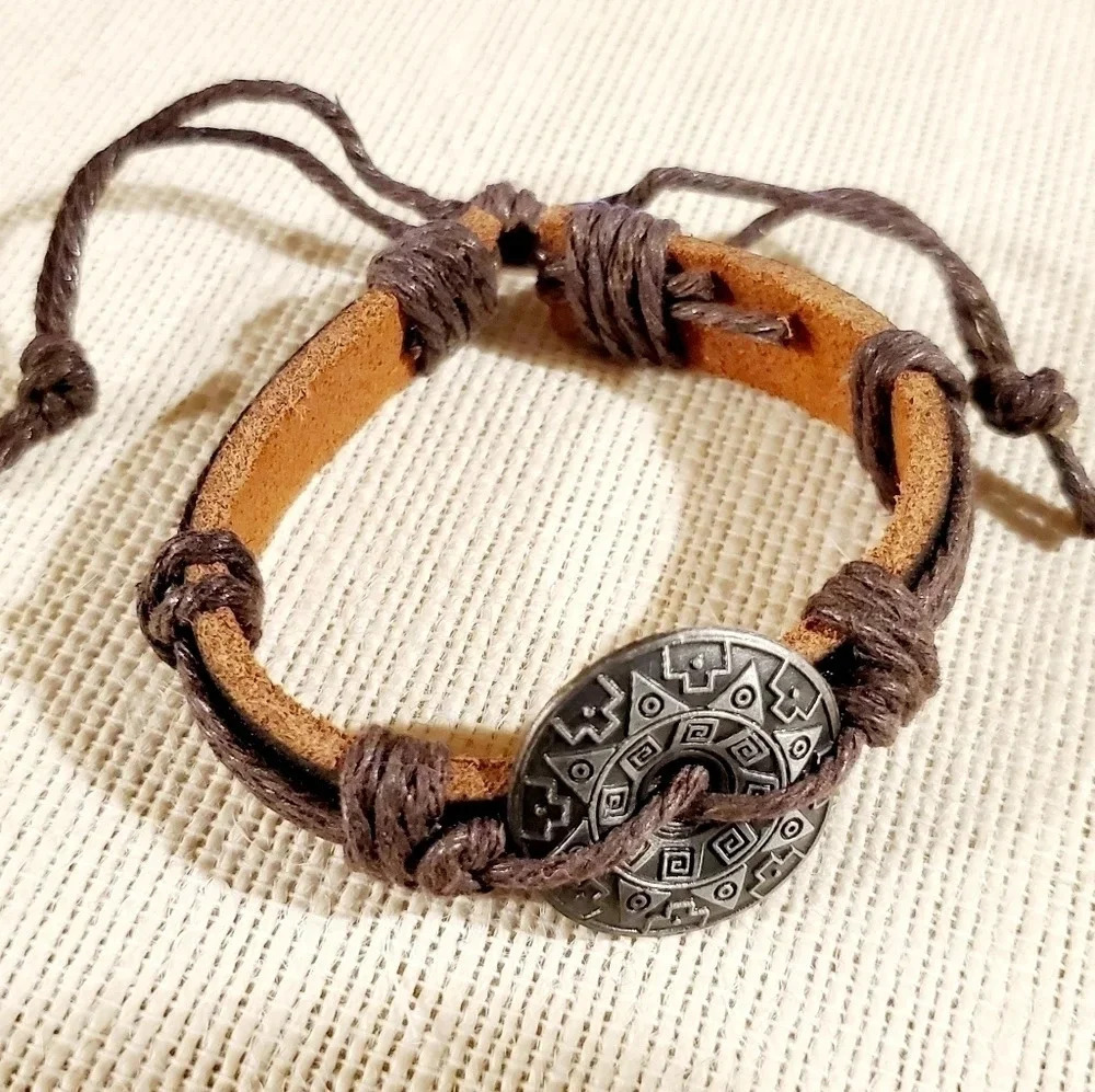Aztec Sun Leather Cotton Bracelet Adjustable - Picture 1 of 6